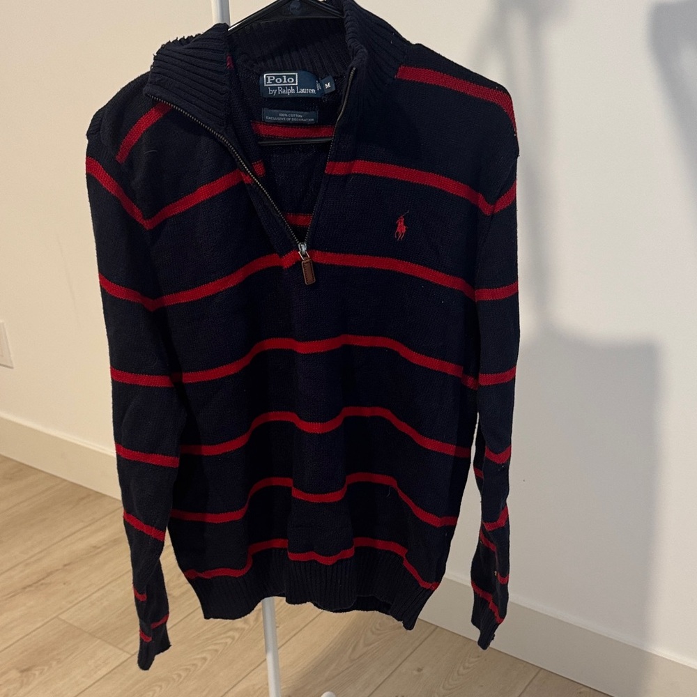 Polo by Ralph Lauren Black Sweater with Red Stripes Quarter-Zip